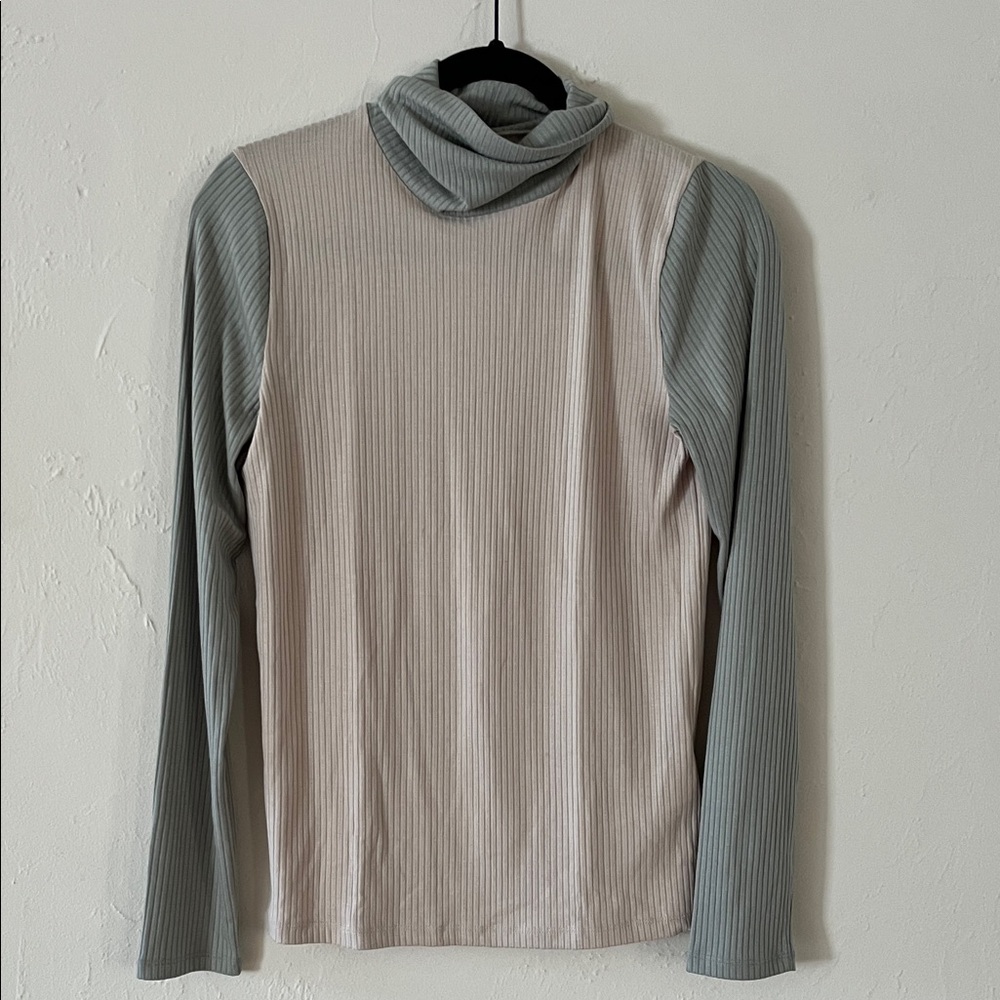 Madewell Ribbed Two-Tone Turtleneck Top - Green and Tan